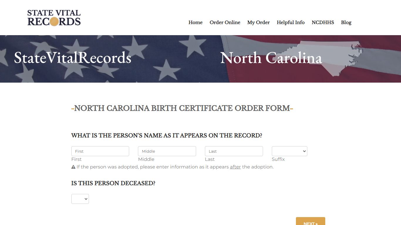 North Carolina Birth Certificate Order Form - Vital